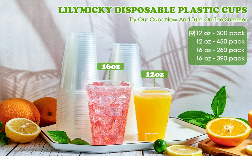 Lilymicky 300 Pack 12oz Clear Plastic Cups,Cold Party Drinking Cups,Disposable Plastic Cups for Parties, Picnic, BBQ, Travel, & Events 12 oz-300ct - 98468
