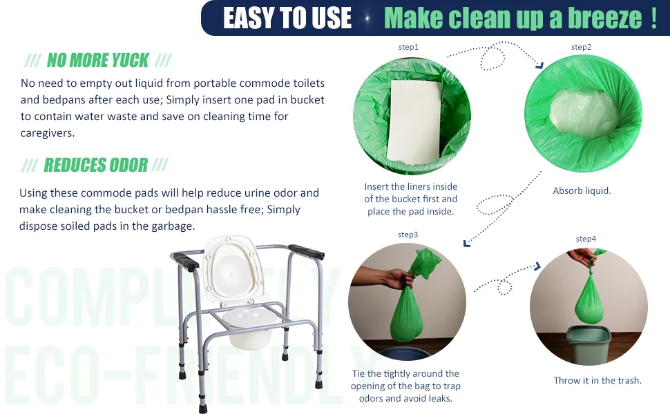 Mckkor Super Absorbent Commode Pads - Medical Grade Value Pack 100 Count - for Bedside Commode Liners Disposable, Adult Commode Chair, Portable Toilet Bags or Camping - commode gel pads for bed pans potty chair