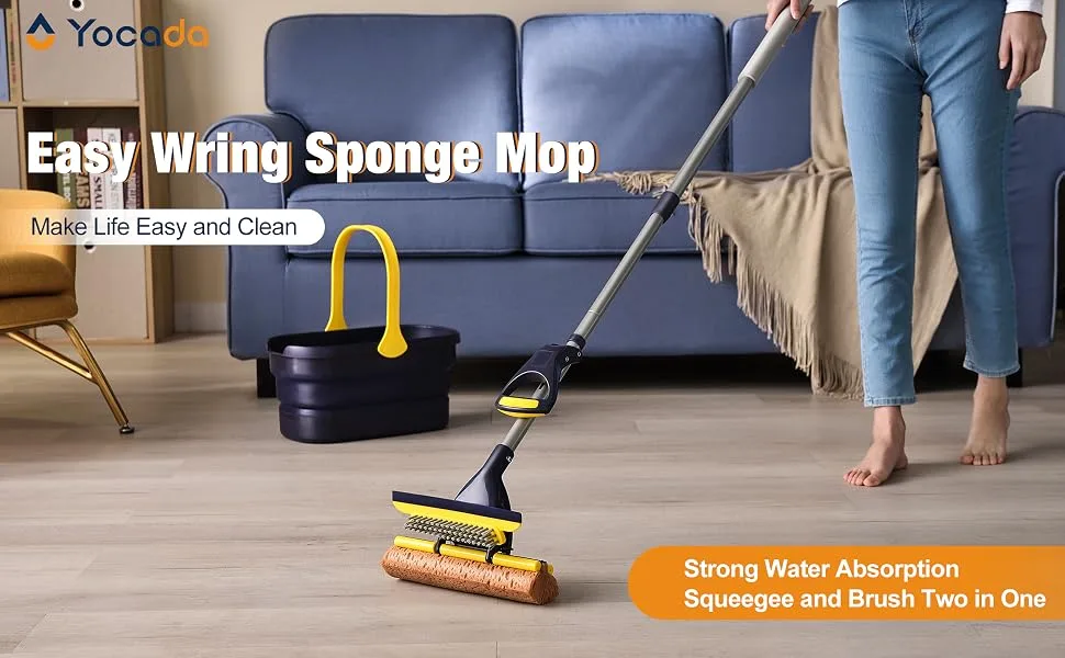 Yocada Sponge Mop Home Commercial Use Tile Floor Bathroom Garage Cleaning with Squeegee and Extendable Telescopic Long Handle 41-53 Inches Easily Dry Wringing - product information 1