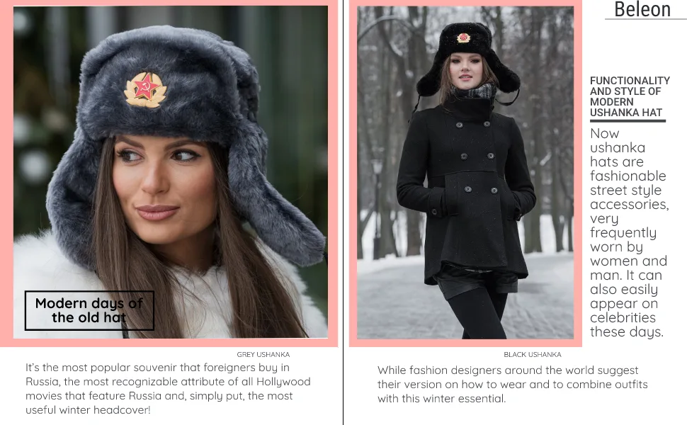 BELEON Ushanka Russian Fur Hat - Soviet Army Trapper Hat - Winter Hat Medium Grey - modern ushanka