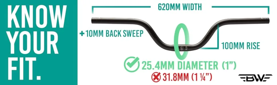 BW Riser Handlebar - Great for Mountain, Road, and Hybrid Bikes - Fits 25.4mm Stems - Multiple Rise Options 100mm Rise - Know your Fit.