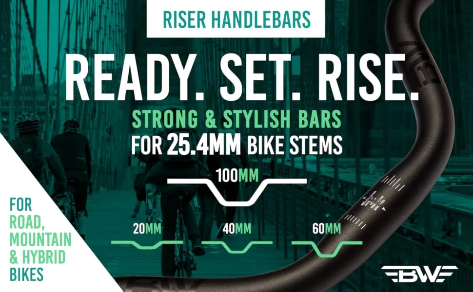 BW Riser Handlebar - Great for Mountain, Road, and Hybrid Bikes - Fits 25.4mm Stems - Multiple Rise Options 100mm Rise - Ready Set Rise. Strong and Stylish Bars. For Road Mountain and Hybrid Bicycles.