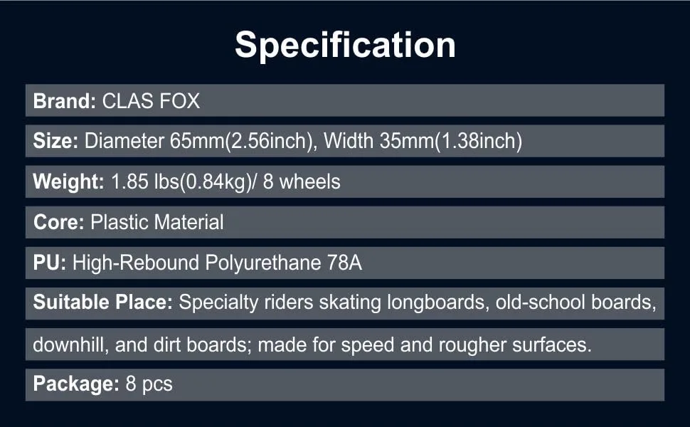 CLAS FOX 78A Indoor or Outdoor 65x35mm Quad Roller Skate Wheels with ABEC-9 Bearings 8 Pcs Purple - product information 3