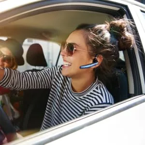 COMEXION Bluetooth Headset, Wireless Bluetooth Earpiece V5.0 Hands-Free Earphones with Stereo Noise Canceling Mic, Compatible iPhone Android Cell Phones Driving/Business/Office - Happy journey