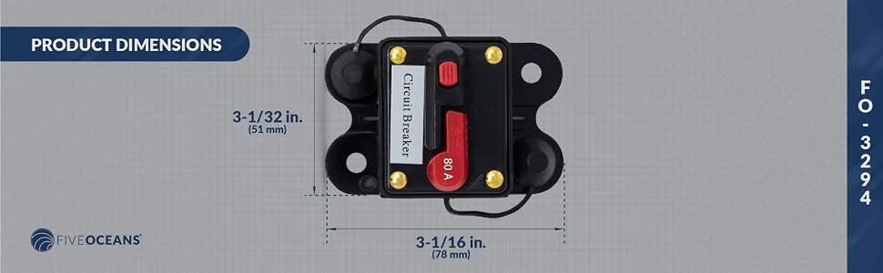 Five Oceans Anchor Windlass Circuit Breaker with Manual Reset Button, 12 Volts, Waterproof IP67, Surface Mount, Easy Installation 80 Amps - 80 Amps Anchor Windlass Circuit Breaker with Manual Reset Button, 12 Volts, Waterproof IP67