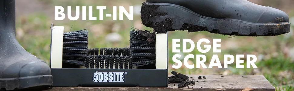 JobSite The Original Boot Scrubber - All Weather Industrial Shoe Cleaner & Scraper Brush 1 Pack - Close up highlighting edge scraper with muddy muck boot