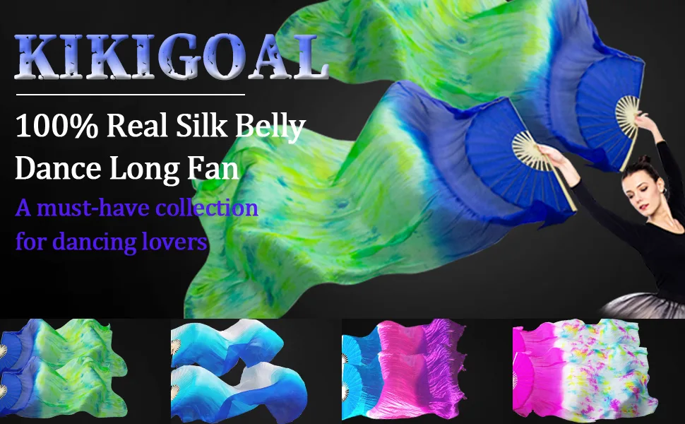 KIKIGOAL 1 Pair(Left+Right) Women Real Silk Belly Dance Fan Veil, Length 180cm Width 90cm Gradual Yellow - product information 1
