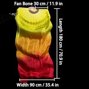 KIKIGOAL 1 Pair(Left+Right) Women Real Silk Belly Dance Fan Veil, Length 180cm Width 90cm Gradual Yellow - product information 8