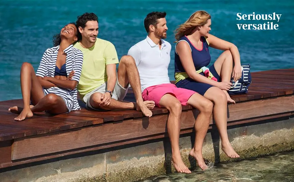 Lands' End Boys Thermal Base Layer Long Underwear Thermaskin Pants 14-16 Deep Sea Navy - Two couples sitting on a pier off of a body of water.