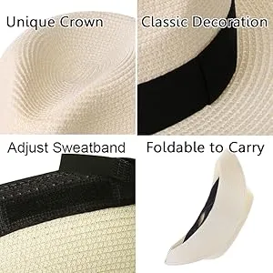 Lanzom Women Wide Brim Straw Panama Roll up Hat Fedora Beach Sun Hat UPF50+ Brown/Black One Size - product information 12