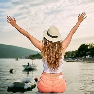 Lanzom Women Wide Brim Straw Panama Roll up Hat Fedora Beach Sun Hat UPF50+ Brown/Black One Size - product information 9