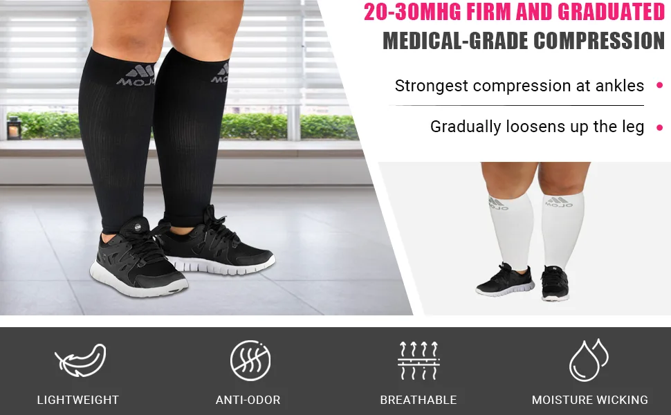 Mojo Compression Socks Graduated Compression Calf Sleeves for Swelling and Shin Splints Support - Plus Size 20-30mmHg, Small-7XL, Black, White, Pink, Grey - 1 Pair 4X-Large Black - Wide Calf Compression Sleeves