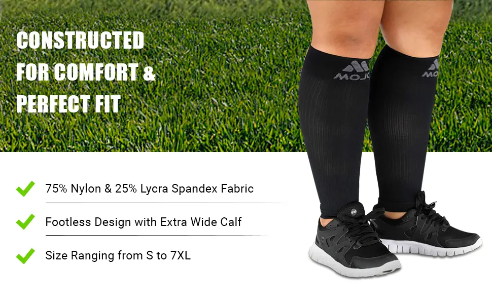 Mojo Compression Socks Graduated Compression Calf Sleeves for Swelling and Shin Splints Support - Plus Size 20-30mmHg, Small-7XL, Black, White, Pink, Grey - 1 Pair 4X-Large Black - Wide Calf Compression Sleeves