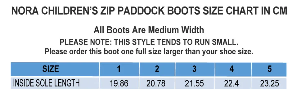 One Stop Equine Shop BasEQ Nora Leather Childrens Zip Up Paddock Boot 1 Big Kid Black - Size chart for the Nora Children