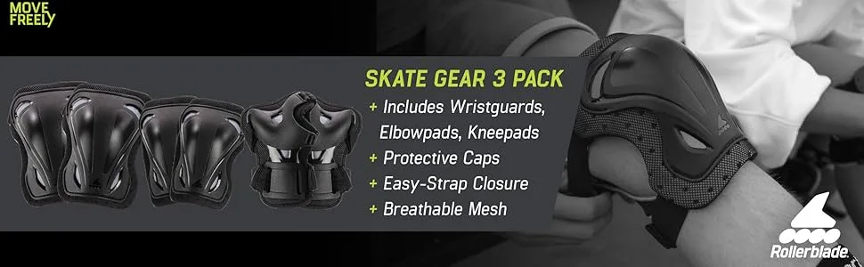 Rollerblade Skate Gear 3 Pack Protective Gear, Knee Pads, Elbow Pads and Wrist Guards, Inline Skating, Multi Sport Protection, Unisex, Black X-Large - Rollerblade Skate Gear 3 Pack, Rollerblade pads, Rollerblading pads, inline skating pads