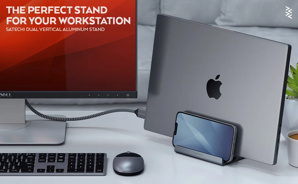 Satechi Dual Vertical Aluminum Stand  Universal Compatibility - MacBook Pro, MacBook Air, iPad Pro, iPad Air, iPad Mini, iPhone 13 Pro Max/13 Pro/13/13 Mini, iPhone 12 Pro Max/12 Pro/12/12 Mini - Satechi Dual Vertical Aluminum Stand