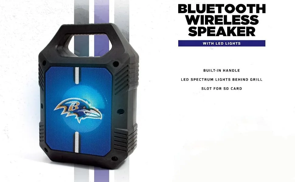 SOAR NCAA XL LED Wireless Bluetooth Speaker, Iowa Hawkeyes - Black speaker with handle and blue Baltimore Ravens logo in middle