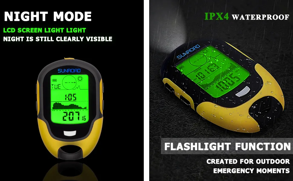 Barometer Altimeter Compass LCD Digital Thermometer Watches-Hygrometer Weather Forecast Hand-Hold Hiking Flashlight Altimeter - IPX4 waterproof, LCD screen backlight, night flashlight and screen lighting light