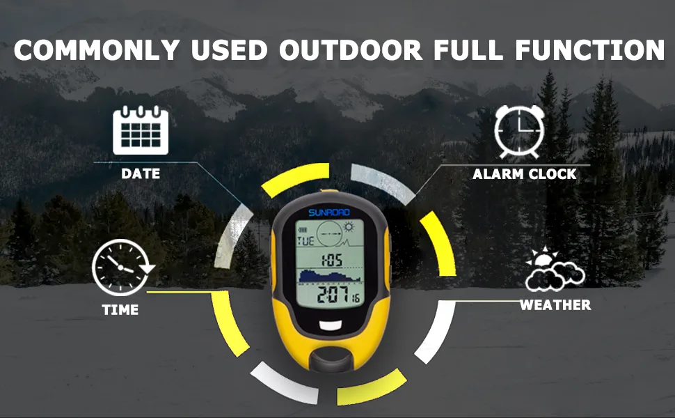 Barometer Altimeter Compass LCD Digital Thermometer Watches-Hygrometer Weather Forecast Hand-Hold Hiking Flashlight Altimeter - It has commonly used outdoor functions: date/time/weather forecast/alarm clock clock