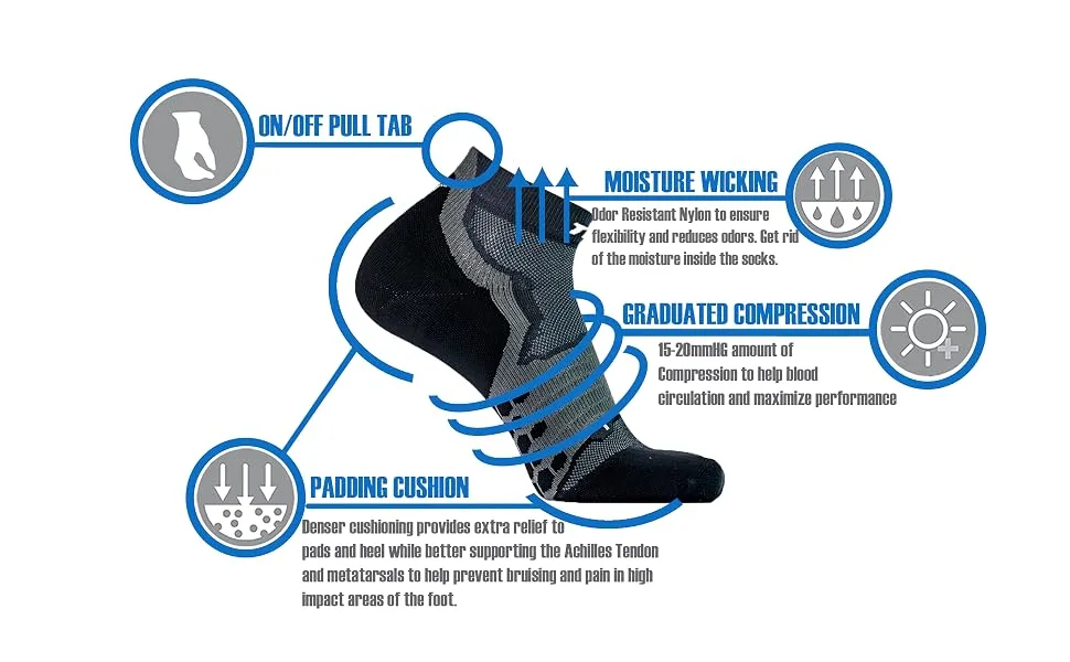 Thirty48 Performance Compression Low Cut Running Socks for Men and Women | More Compression Where Needed 3 Pair Black/Gray Large - Features
