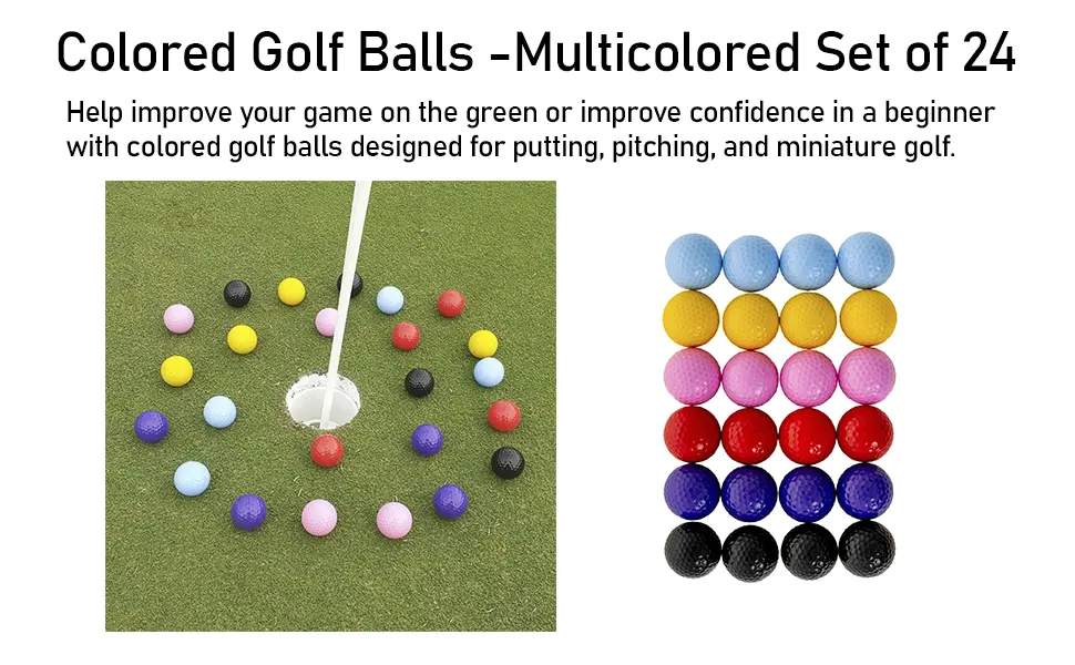 Thorza Colored Golf Balls - Multicolored Set of 24 for Kids Mini Golf, Putting Practice and Children Training - Colored Golf Balls
