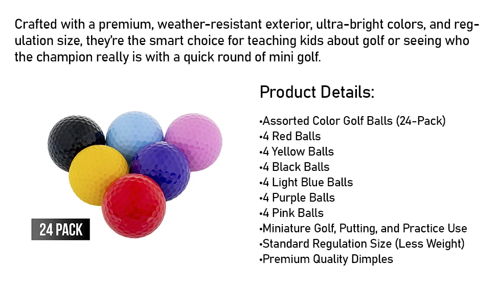 Thorza Colored Golf Balls - Multicolored Set of 24 for Kids Mini Golf, Putting Practice and Children Training - gold balls