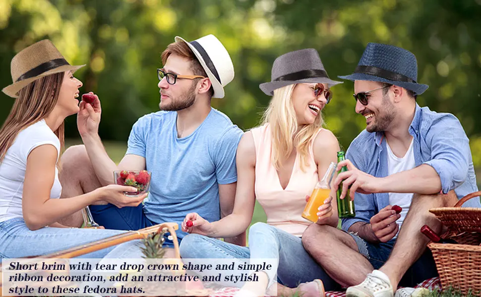Ultrafun 5 Pack Short Brim Fedora Classic Summer Beach Sun Hat Panama Cap for Men Women 5pack-black+white+khaki+blue+wine Red Large - product information 3