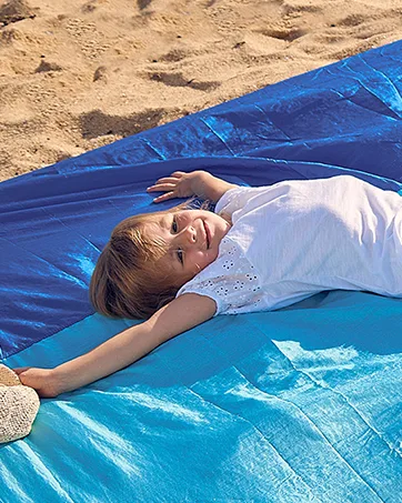 WEKAPO Beach Blanket Sandproof, Extra Large Beach Mat, Big & Compact Sand Free Mat Quick Drying, Lightweight & Durable with 6 Stakes & 4 Corner Pockets Blue 9x10 FT (18 person) - beach blanket