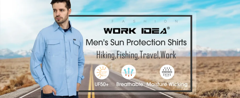 WORK IDEA Men's Sun Protection Hiking Shirts UPF 50+ UV Quick Dry Cooling Long Sleeve Work Shirts for Fishing Dark Beige Medium - KS0076 POST PC