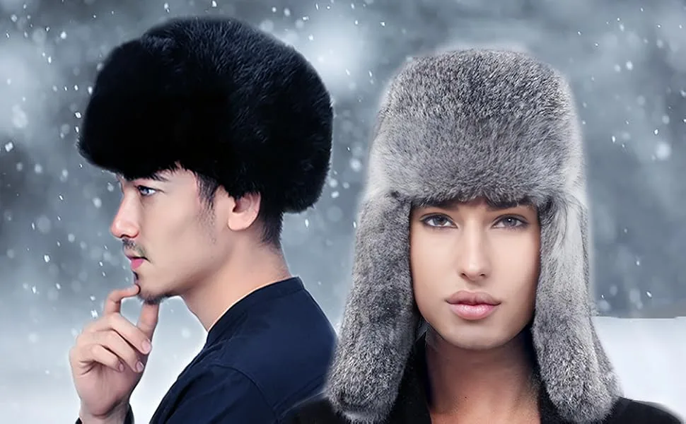 YXCFEWDTrapper Hat Winter Russian Hat Men Women Fur Hat with 100% Rabbit Fur Aviator Earflap Hat Windproof Black X-Large - fur hat