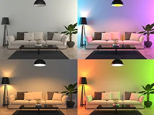 Amazon Basics Smart A19 LED Light Bulb, Color Changing, 2.4 GHz Wi-Fi, 60W Equivalent 800LM, Works with Alexa Only, 4-Pack, Certified for Humans Color Changing 4 Pack - 4 scenes of same room showing with lights off, lights on with different colors, lights on with white
