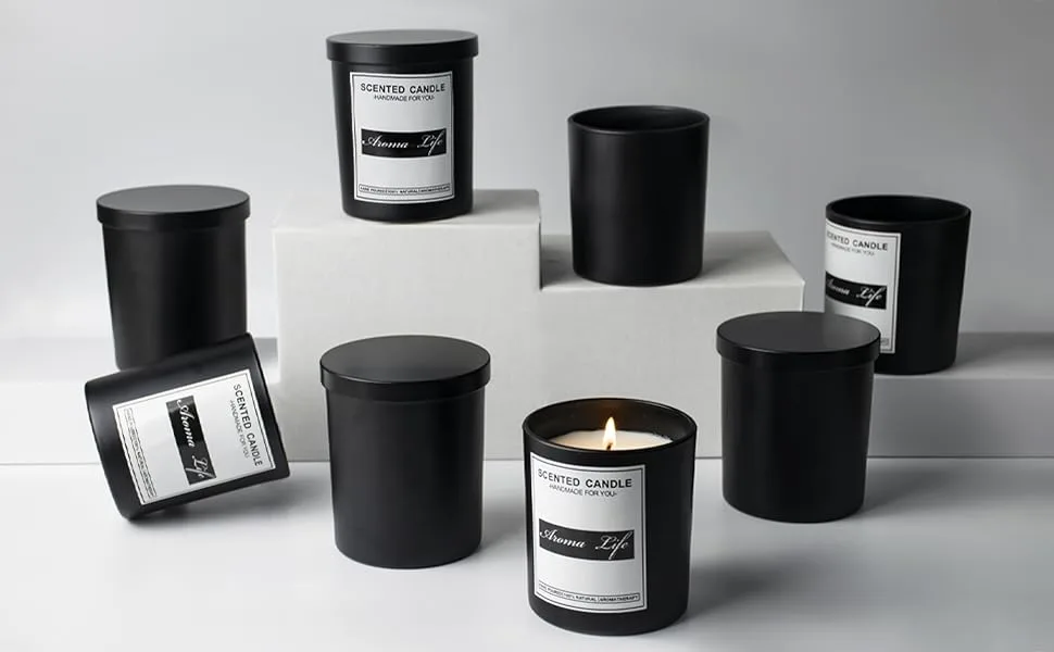 10oz, 8 Pack Thickened Glass Candle Jars with Metal Lids, Candle Containers, Candle Vessels for Hand Candle Making DIY Craft (Matte Black) - Candle jars