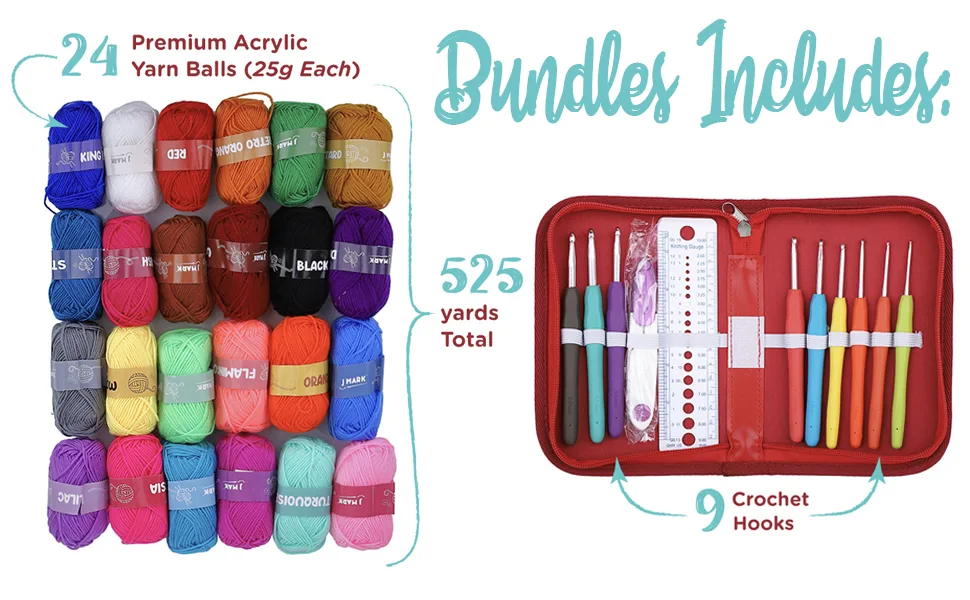 J MARK Crochet Kit for Beginners Adults and Kids -1320 Yards Knitting Kit with Yarn Set Crochet Hook & More Large - bundles includes