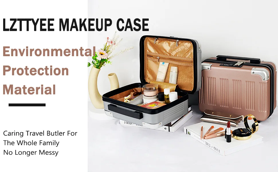 Lzttyee Small Hard Shell Cosmetic Case Travel Hand Luggage Portable Carrying Makeup Case Suitcase Rose gold - Travel Makeup Organizer Case