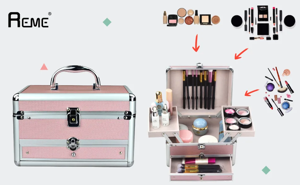 REME Makeup Train Case Cosmetic Organizer Case With Trays and Drawer for Cosmetics,Jewelry Box or Gift Box (pink) small Pink - product information 1