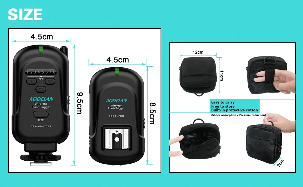 AODELAN Wireless Flash Trigger Transmitter and Receiver 2.4 GHz Frequency for Canon, Nikon, Olympus, Panasonic, Pentax, Fuji, Samsung,Sony(Except Sony Flashes) Wireless Flash Trigger Set - product information 7