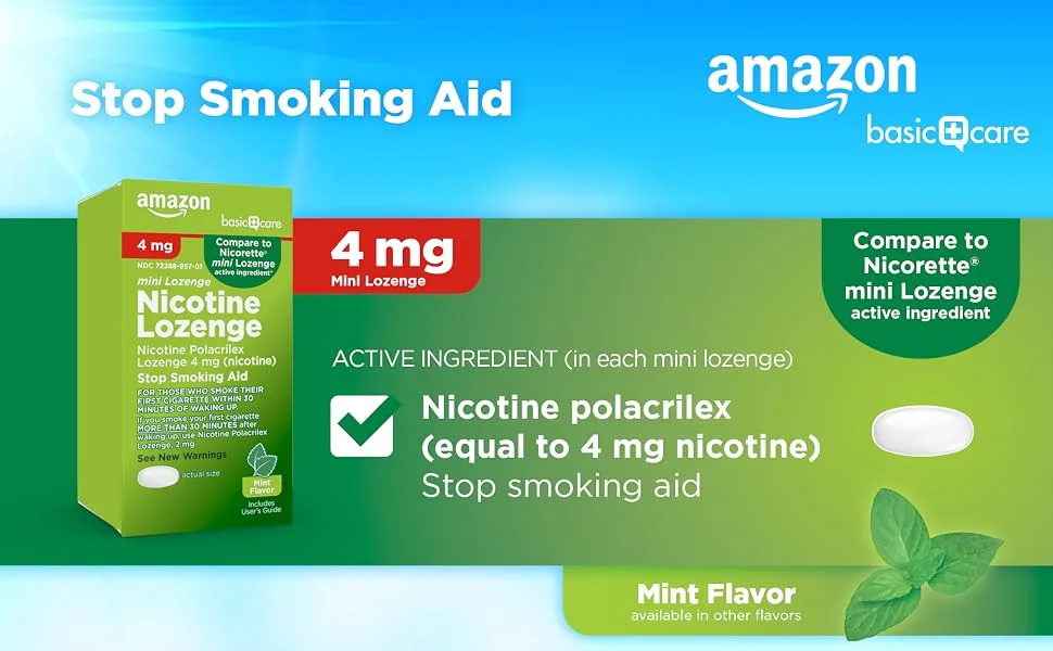 Amazon Basic Care Mini Nicotine Polacrilex Lozenge, 4 mg (nicotine), Mint Flavor, Stop Smoking Aid, 135 Count 4mg Mint 135 Count (Pack of 1) - Basic Care NRT 4mg Mini Lozenge, Mint