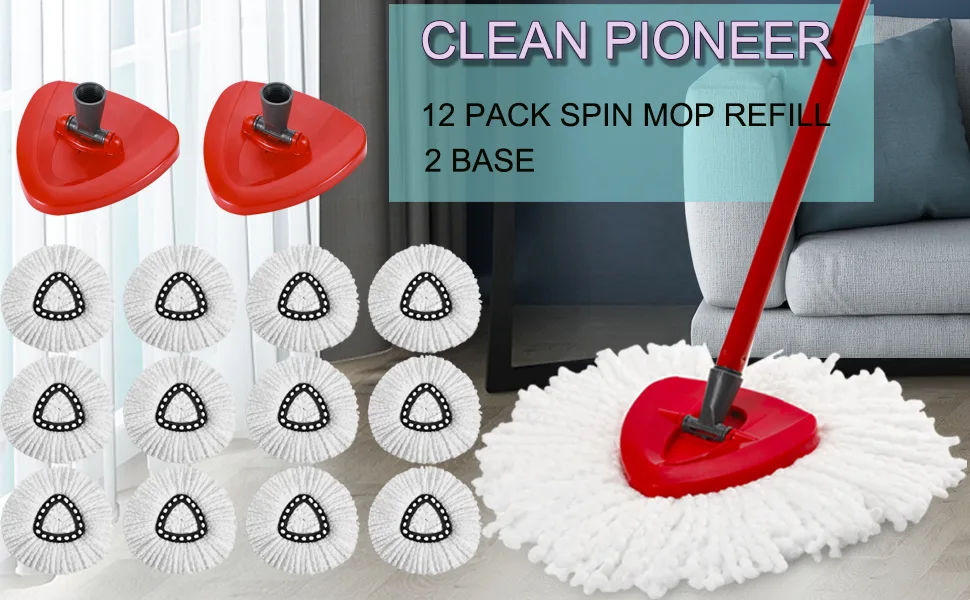 12 Pack Mop Replacement Heads Compatible for EasyWring RinseClean Triangle Spin Mop 1 Tank System, Microfiber Spin Mop Refills, with 2 Swivel mop Bases,Easy Cleaning Mop Head Replacement - product information 1