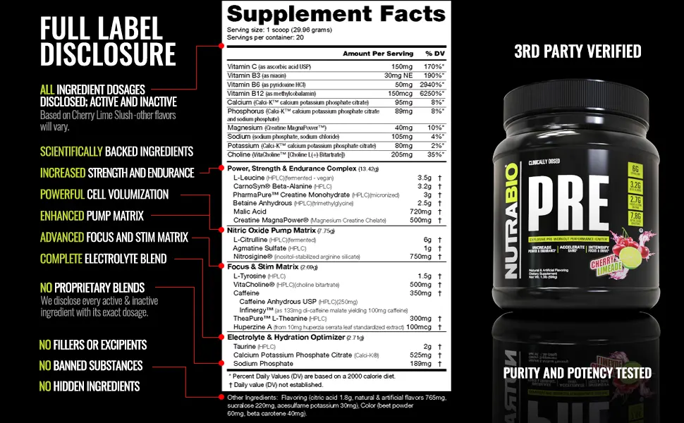 NutraBio PRE Workout Powder - Sustained Energy, Mental Focus, Endurance - Clinically Dosed Formula - Beta Alanine, Creatine, Caffeine, Electrolytes - 20 Servings - Watermelon - full label disclosure