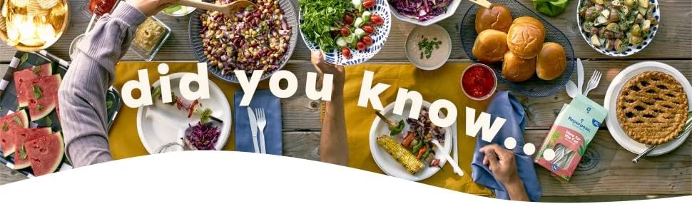 Repurpose 3 Gallon Compostable Small Bin Trash Bags, BPI Certified, 200 Total Bags (50 Count, 4 Pack) 50 Count (Pack of 4) - did you know... text over photograph of picnic table spread with products
