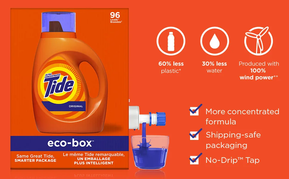 Tide Laundry Detergent Liquid Soap Eco-Box, Ultra Concentrated High Efficiency (He), Original Scent, 96 Loads - 60%less plastic,30%less water.More concentrated formula,shipping safe packaging,No-Drip tap