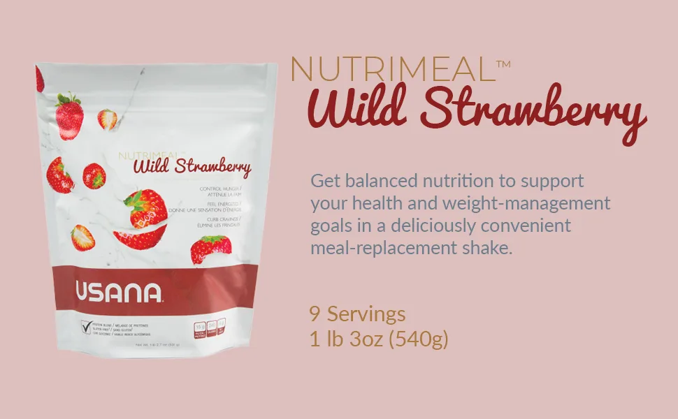 USANA Nutrimeal Meal Replacement Shake - Wild Strawberry - NON-GMO - Gluten Free - Low Glycemic - 540 Grams - 9 Servings - Nutrimeal strawberry