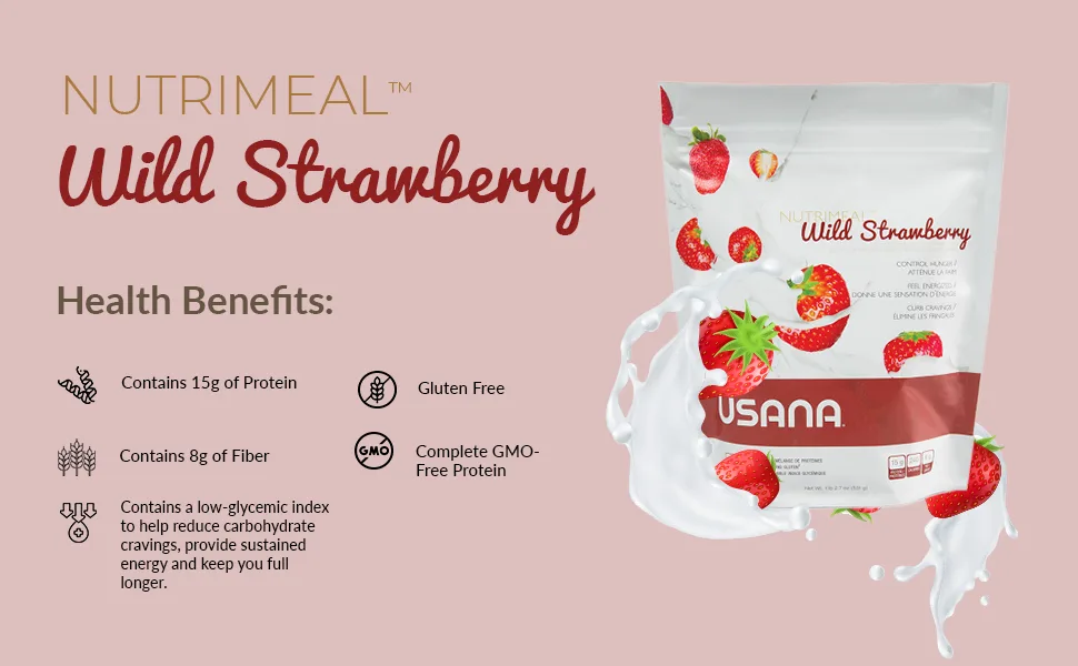 USANA Nutrimeal Meal Replacement Shake - Wild Strawberry - NON-GMO - Gluten Free - Low Glycemic - 540 Grams - 9 Servings - Nutrimeal strawberry