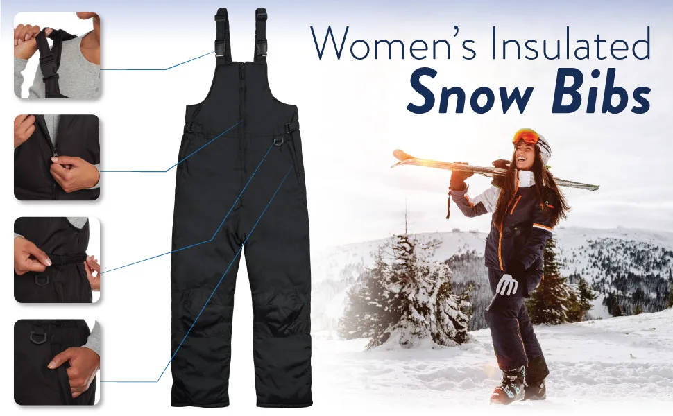 Cherokee Women's Insulated Snow Bib - Water Resistant Ski Overall Pants (S-3XL) Black 2X - title