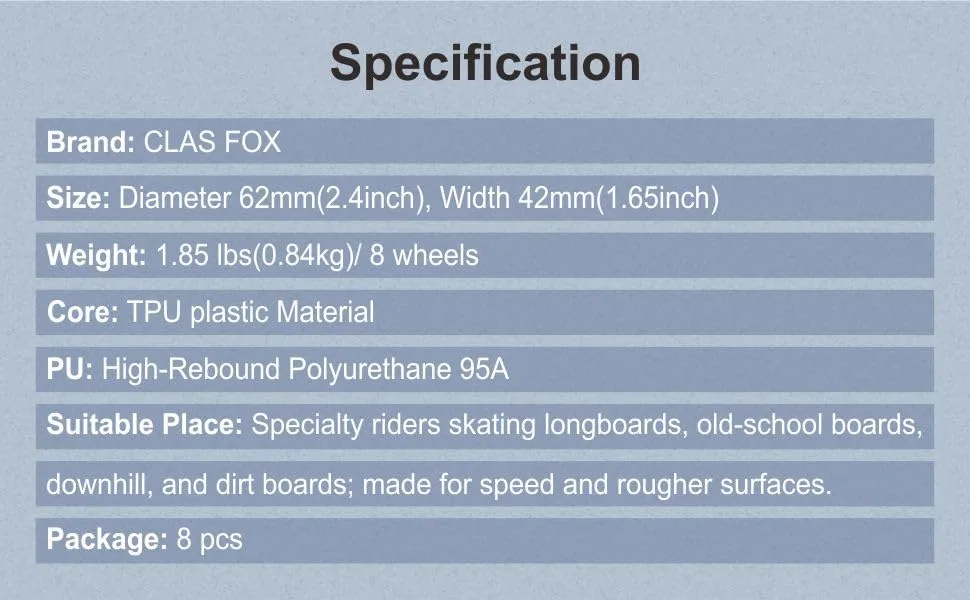 CLAS FOX Replacement Roller Skate Wheels Quad Speed Skate Wheels 8 Pcs Blue PU Black Core - T01-3