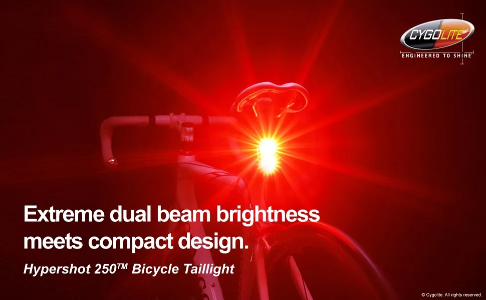 Cygolite Hypershot  250 Lumen Bike Tail Light 7 Night & Daytime ModesUser Adjustable Flash Speeds- Compact & DurableIP64 Water ResistantSecured Hard MountUSB RechargeableGreat for Busy Streets - USB LED bicycle tail light