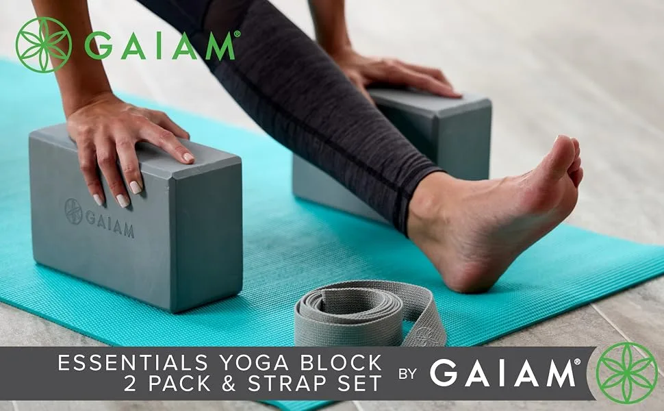 Gaiam Essentials Yoga Block 2 Pack & Yoga Strap Set, Grey - Gaiam Essentials yoga block 2 pack and strap set
