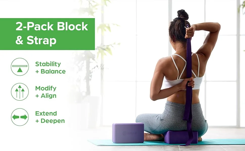 Gaiam Essentials Yoga Block 2 Pack & Yoga Strap Set, Grey - Gaiam Essentials yoga block 2 pack and strap set