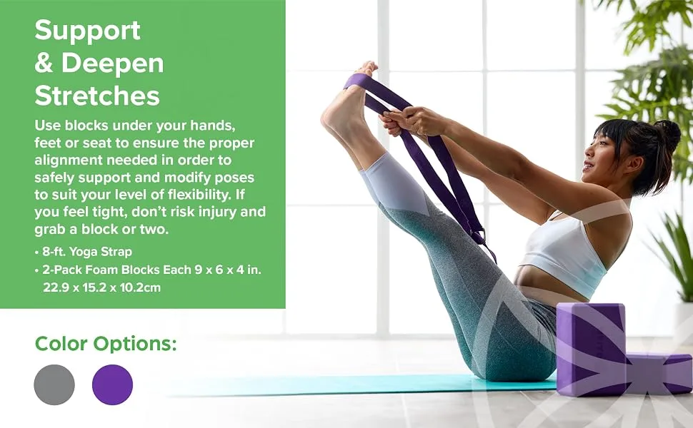 Gaiam Essentials Yoga Block 2 Pack & Yoga Strap Set, Grey - Gaiam Essentials yoga block 2 pack and strap set