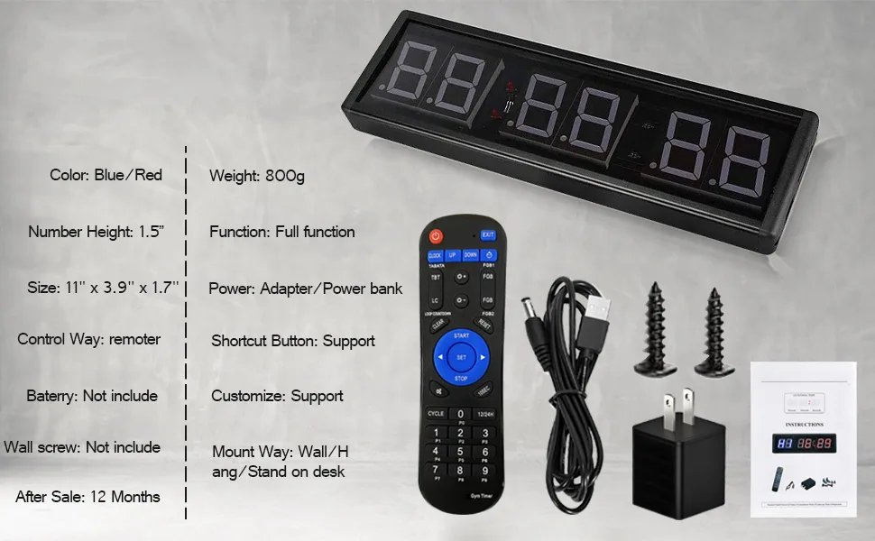 Naoeleii Gym Timer Clock for Home Gym with Remote, 11" Large Gym Clock Timer Stopwatch Count Down/Up, Workout Timer Interval Clock with Buzzer, LED Interval Training Timer for Home Garage Outdoors - interval timer for workout